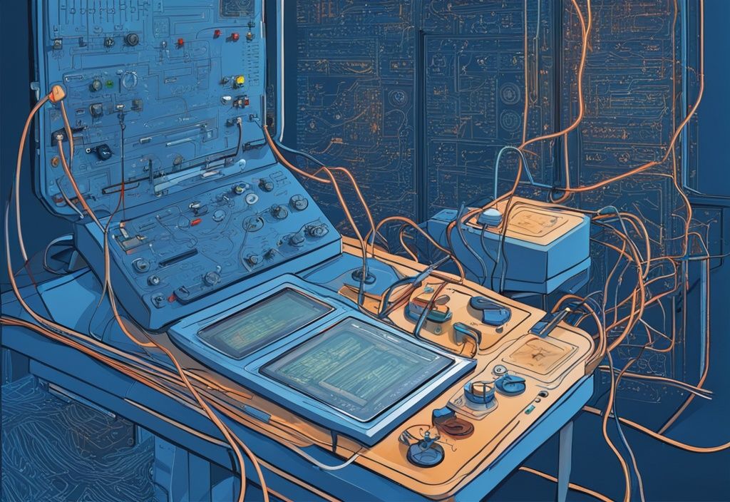 Moderne digitale Malerei mit blauem Farbschema, zeigt ein komplexes Netzwerk aus Drähten und Schaltkreisen, das mit einem Multimeter zur Bestimmung des Scheinwiderstands gemessen wird.