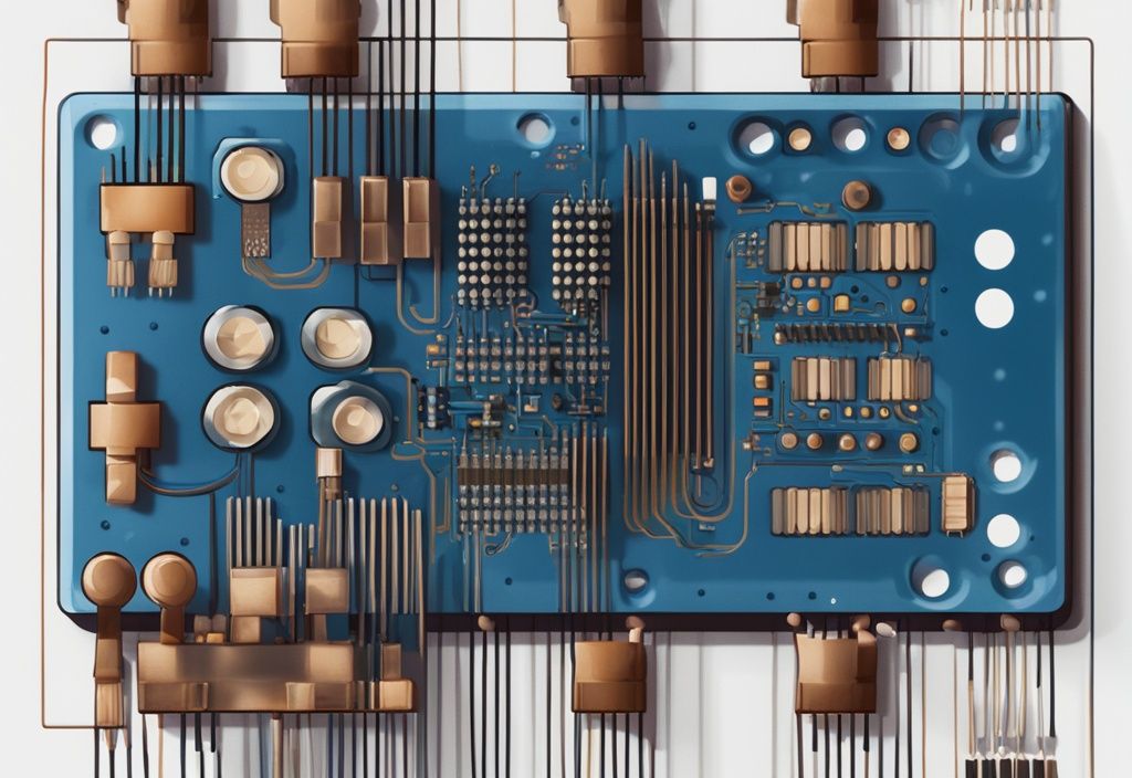 Nahaufnahme eines modernen digitalen Gemäldes, das den NE555-Timer-IC auf einem Breadboard mit sichtbaren Verbindungen zu anderen elektronischen Bauteilen zeigt, Hauptfarbe Blau.