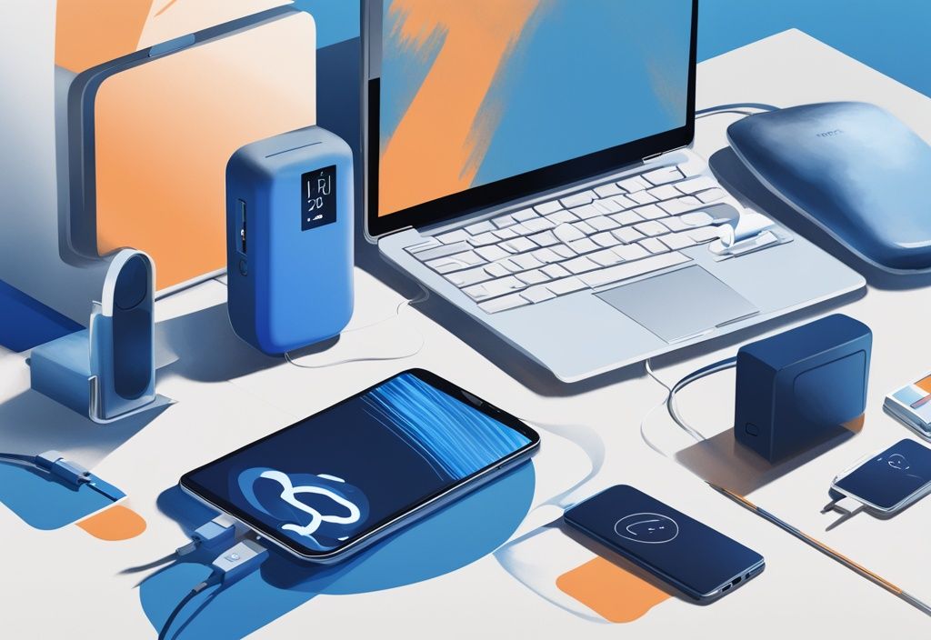 Moderne digitale Illustration in Blau: Kompakte USB-Powerbank lädt Smartphone, Tablet und Laptop auf einem eleganten, modernen Arbeitsplatz.