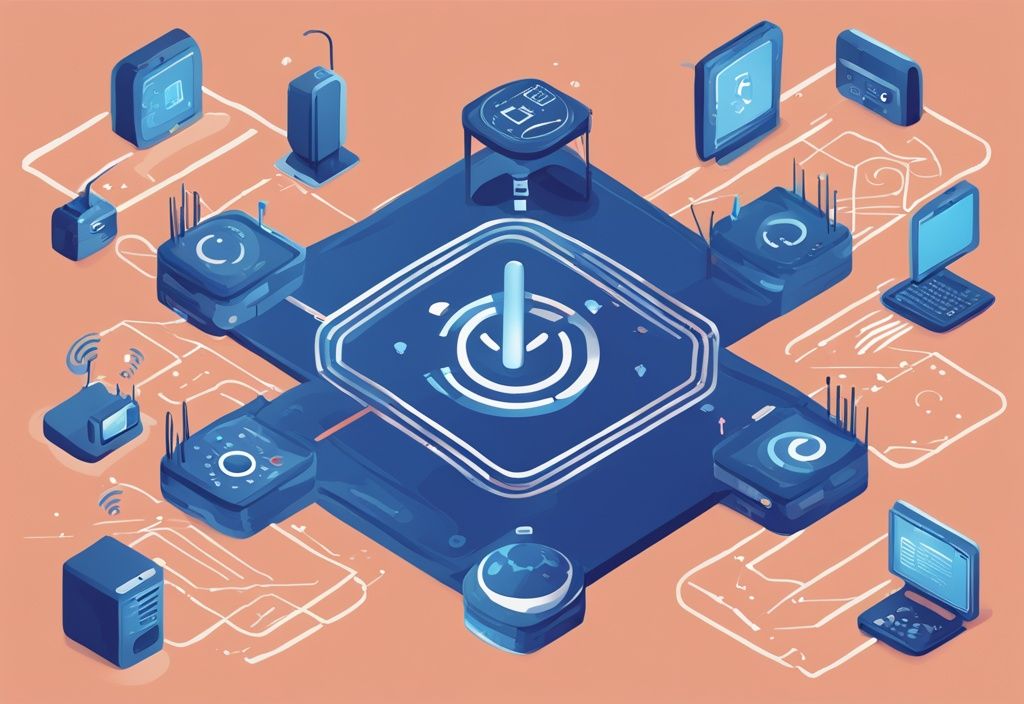 Moderne digitale Malerei mit blauer Farbthematik, die verschiedene Symbole für WLAN-Standards um einen zentralen Router zeigt.