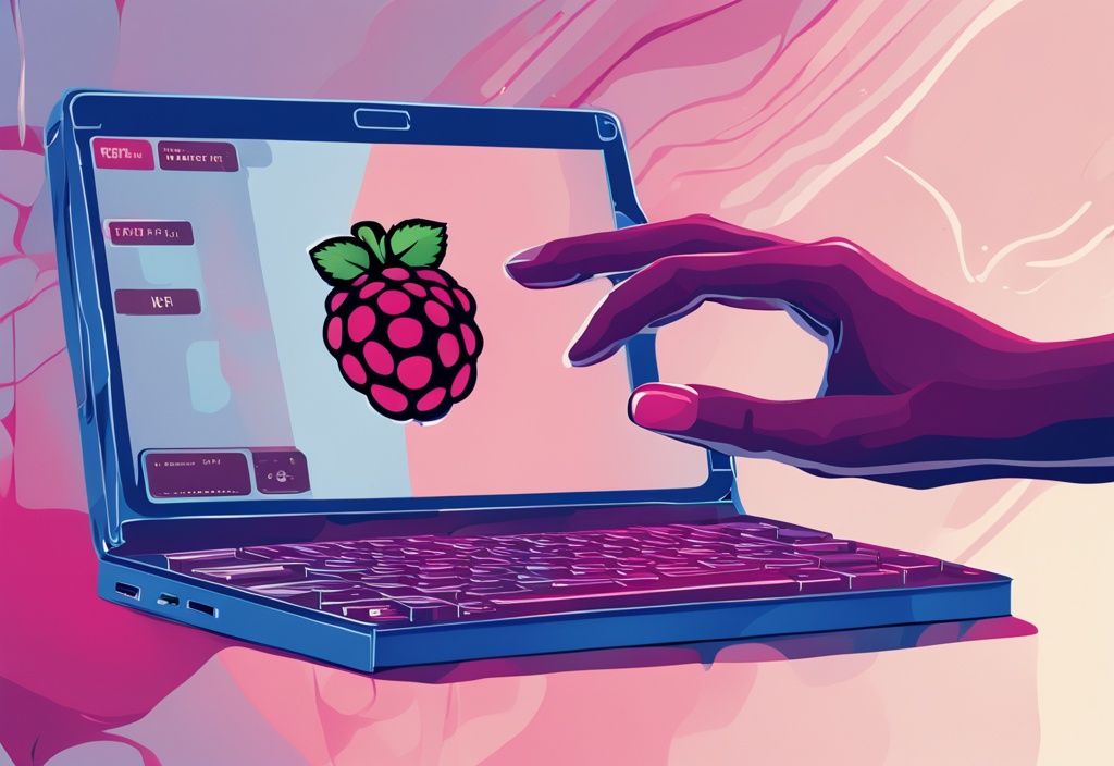 Moderne digitale Illustration in Blau: Hand greift nach einem kleinen Raspberry Pi, der mit einem Bildschirm verbunden ist und codierte Anweisungen für den Fernzugriff zeigt.