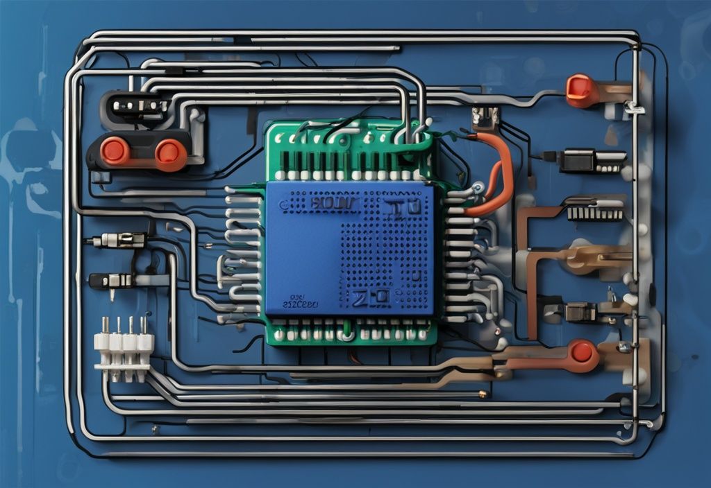 Nahaufnahme eines modernen digitalen Gemäldes mit blauem Farbschema, das einen NE555-Timer-IC auf einem Steckbrett mit sichtbaren Verbindungen zu anderen elektronischen Komponenten zeigt.