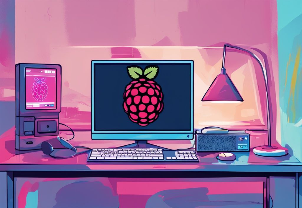 Moderne digitale Malerei mit blauem Farbschema, zeigt ein Raspberry Pi Gerät mit hervorgehobenem Betriebssystem auf einem Monitor im Hintergrund