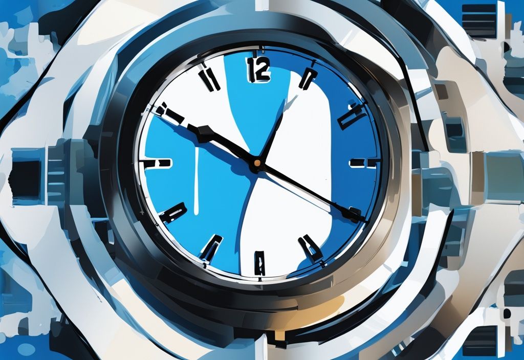 Moderne digitale Malerei mit blauer Farbthematik, analoger Uhr und digitaler Uhr nebeneinander, die den Übergang von analog zu digital darstellen