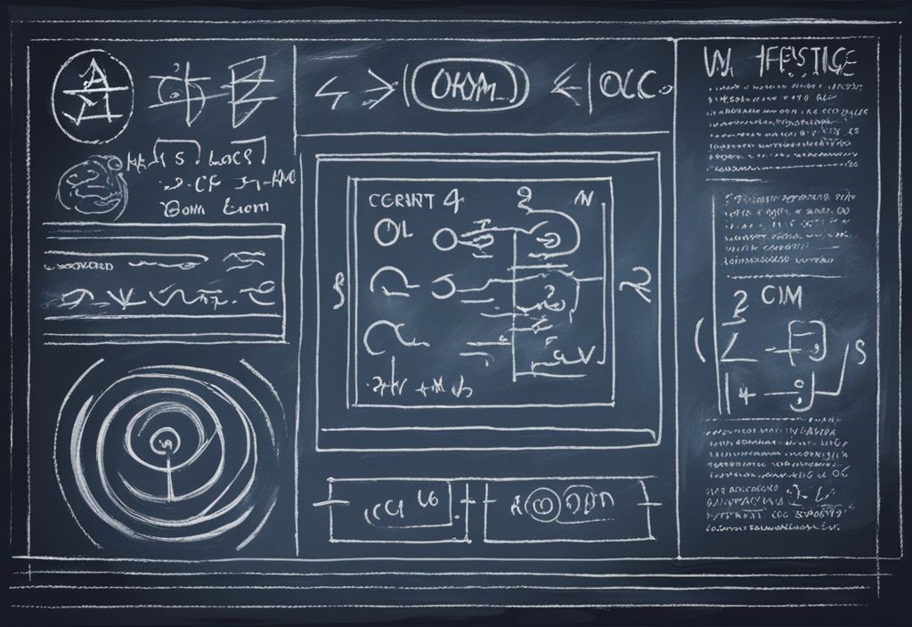 Moderne digitale Malerei mit blauem Farbschema, Nahaufnahme einer Tafel mit einer Diagramm von Ohmsches Gesetz, gezeichnet mit weißen Kreide, zeigt Symbole für Spannung, Strom und Widerstand.