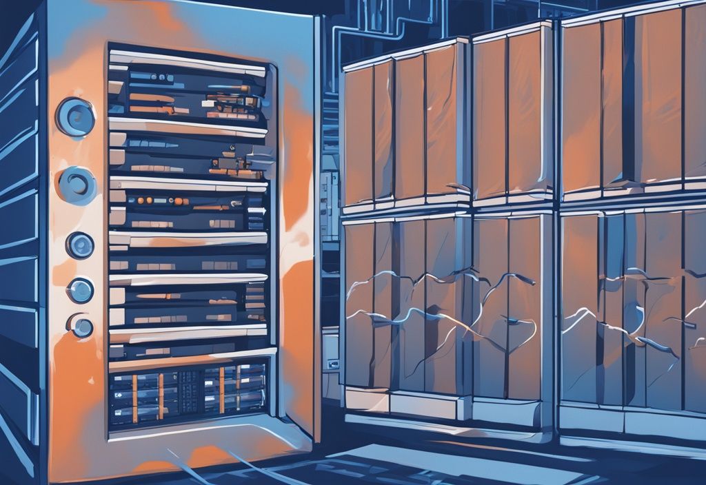 Moderne digitale Illustration eines RAID 5 Datenspeichersystems, das die Struktur und Datenverteilung auf den Festplatten in Blau darstellt