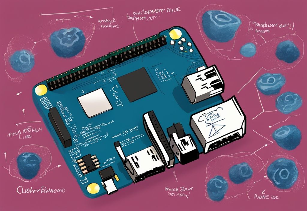 Moderne digitale Illustration eines Raspberry Pi 4 in blauer Farbgebung, Draufsicht mit beschrifteten Pinouts.