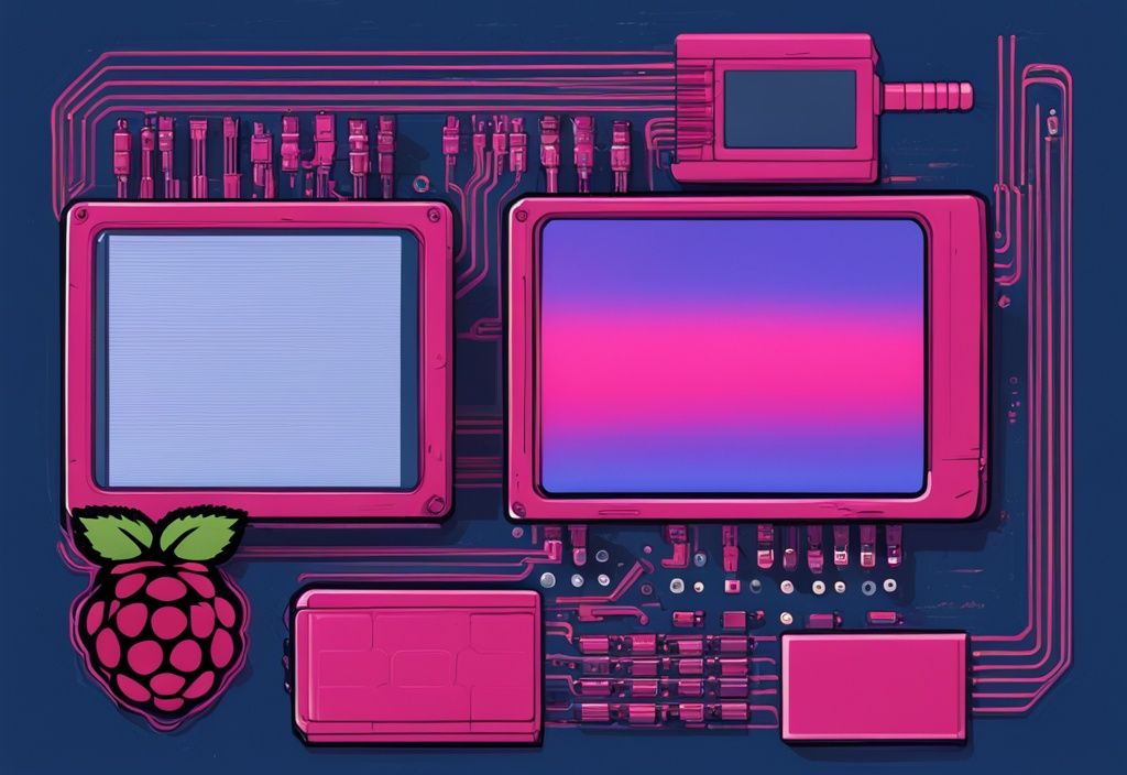 Moderne digitale Illustration eines Raspberry Pi mit leuchtendem Bildschirm, der die Ladeanzeige des Raspberry Pi OS anzeigt, Hauptfarbe Blau.