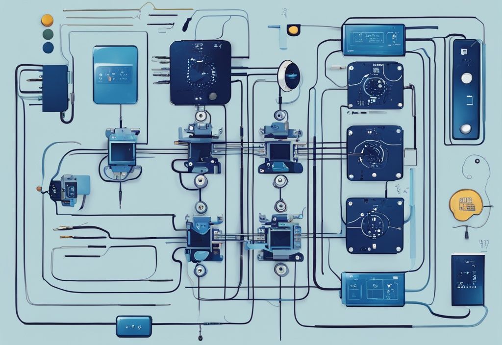 Moderne digitale Malerei-Illustration mit blauem Farbschema, die einen Varistor mit Beschriftungen seiner Komponenten und einer einfachen visuellen Darstellung der Varistor Funktion in einem Stromkreis zeigt.