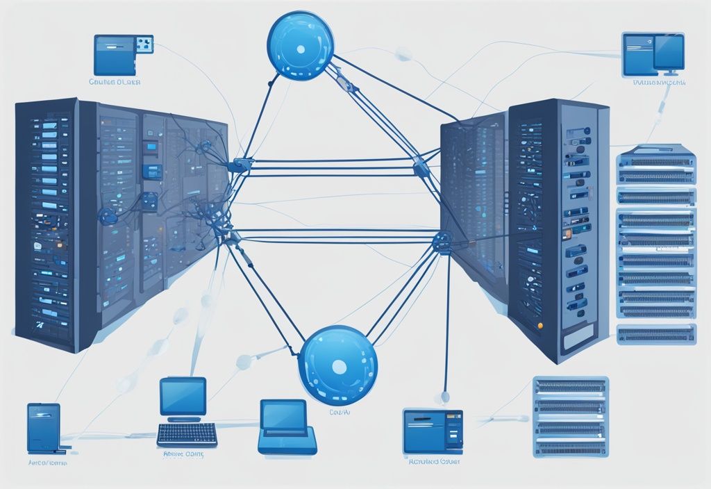 Moderne digitale Malerei eines Klasse A Netzwerks, zeigt vernetzte Computer und Server mit hervorgehobenen IP-Adressen, Hauptfarbe Blau.