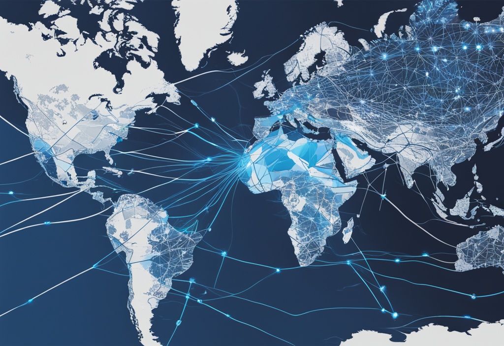 Digitale Illustration einer Weltkarte mit blauen Farben und mehreren Traceroute-Linien, die verschiedene Verbindungen zwischen Computern weltweit darstellen.