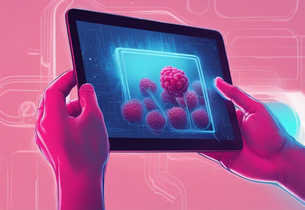 Hand hält ein leuchtendes Tablet mit Augmented-Reality-Overlay, das den Fortschrittsbalken eines Raspberry-Updates zeigt.