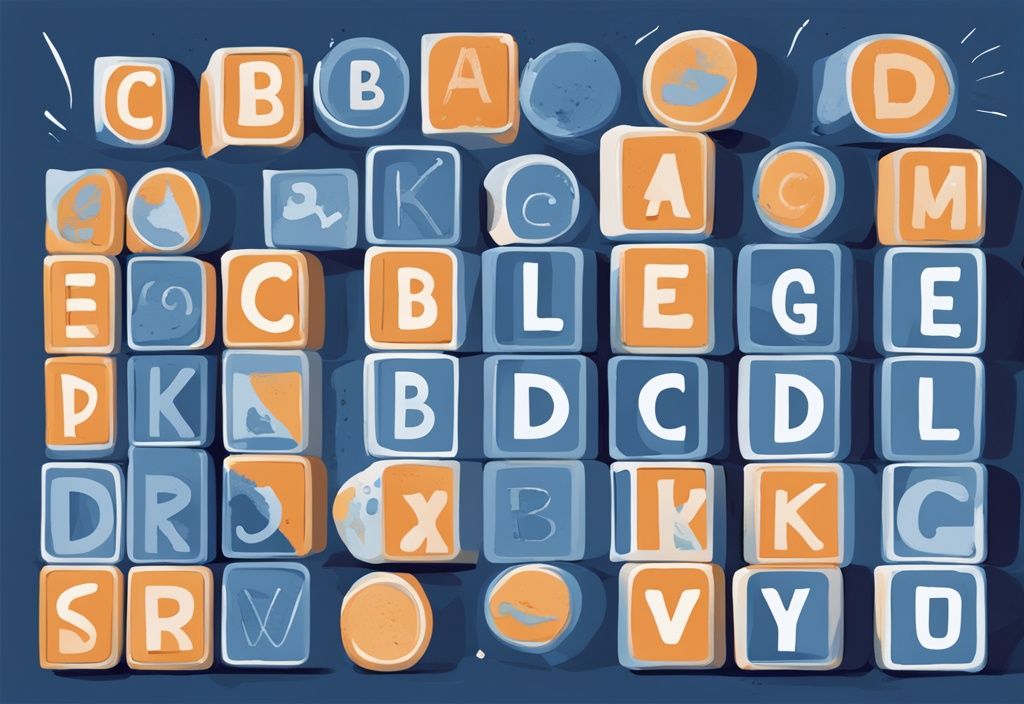 Moderne digitale Malerei mit blauen Farbtönen, zeigt eine Reihe von Kindergarten-Alphabetblöcken, wobei die Buchstaben b, c und d hervorgehoben sind.