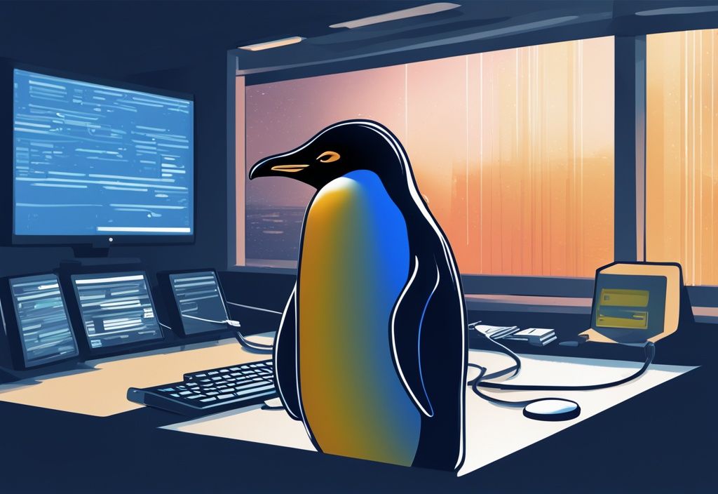 Moderne digitale Illustration mit blauem Farbschema, Terminalfenster zeigt Codezeilen zur Umwandlung einer Linux-Makefile in ein ausführbares Format, Silhouette des Linux-Pinguin-Logos im Hintergrund.