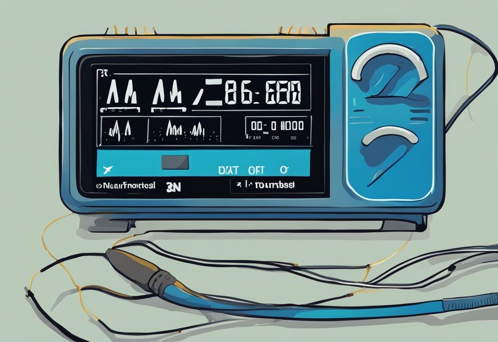 Moderne digitale Malerei mit blauem Farbschema, zeigt ein digitales Multimeter mit Kabeln und einem Ohm-Umrechnungstabelle im Hintergrund.