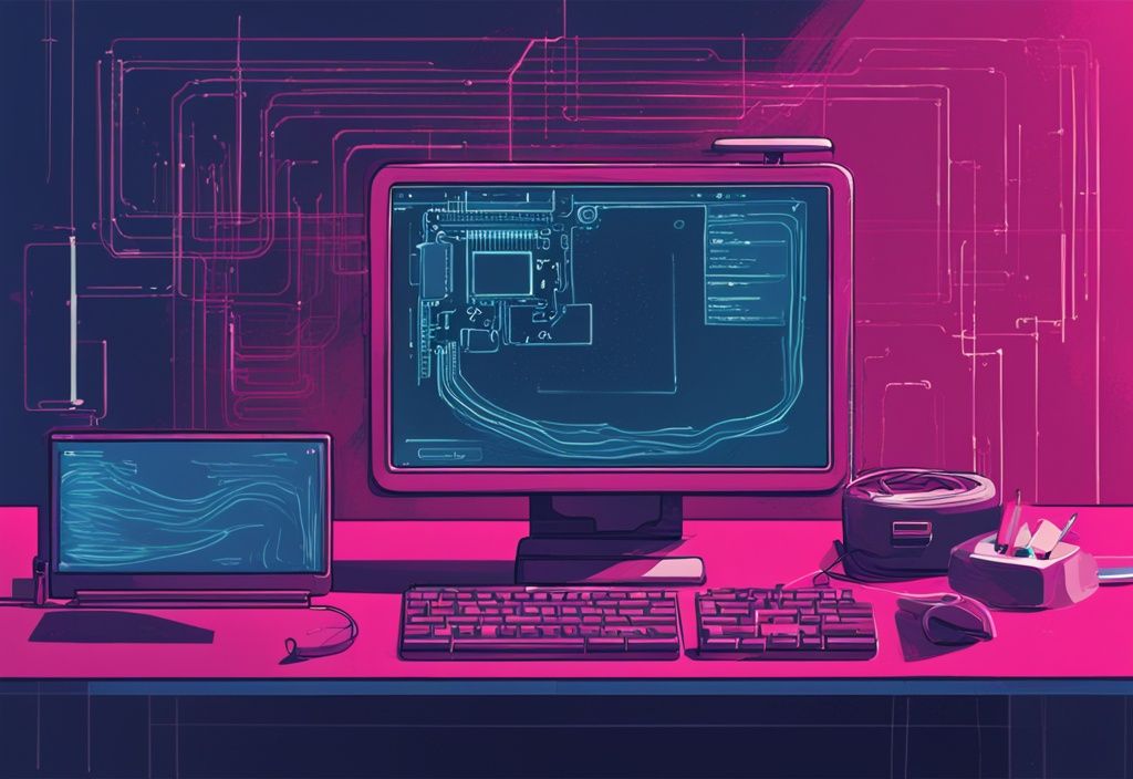 Moderne digitale Malerei mit blauem Farbschema, zeigt einen Raspberry Pi 4, der an einen Computerbildschirm angeschlossen ist und Codezeilen des Betriebssystems anzeigt.