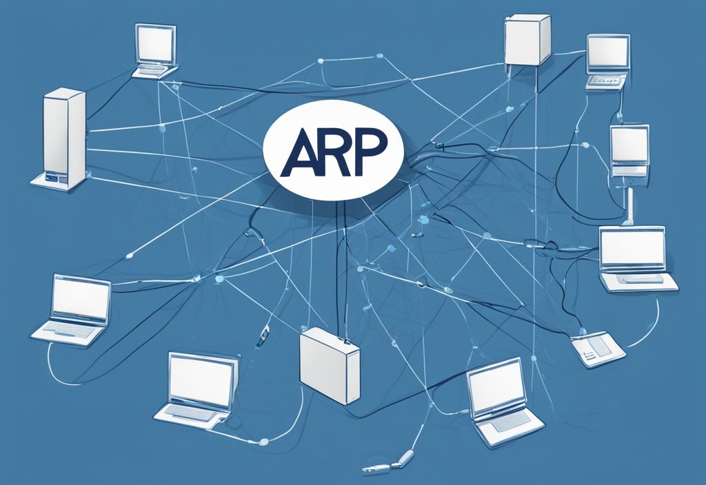 Moderne digitale Illustration eines Netzwerkdiagramms, das die Kommunikation zwischen verschiedenen Geräten über das ARP-Protokoll zeigt, Hauptfarbthema Blau.