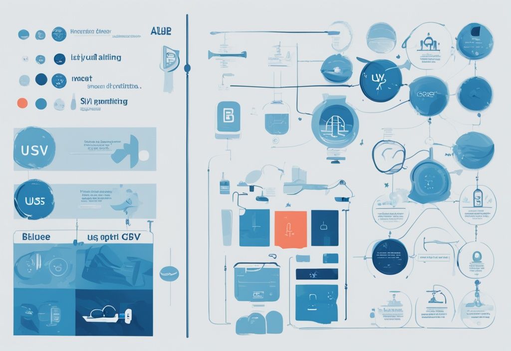 Moderne digitale Malerei in Blau, die eine Infografik zur Erklärung der USV Abkürzung mit verschiedenen Beispielen und Anwendungen zeigt.