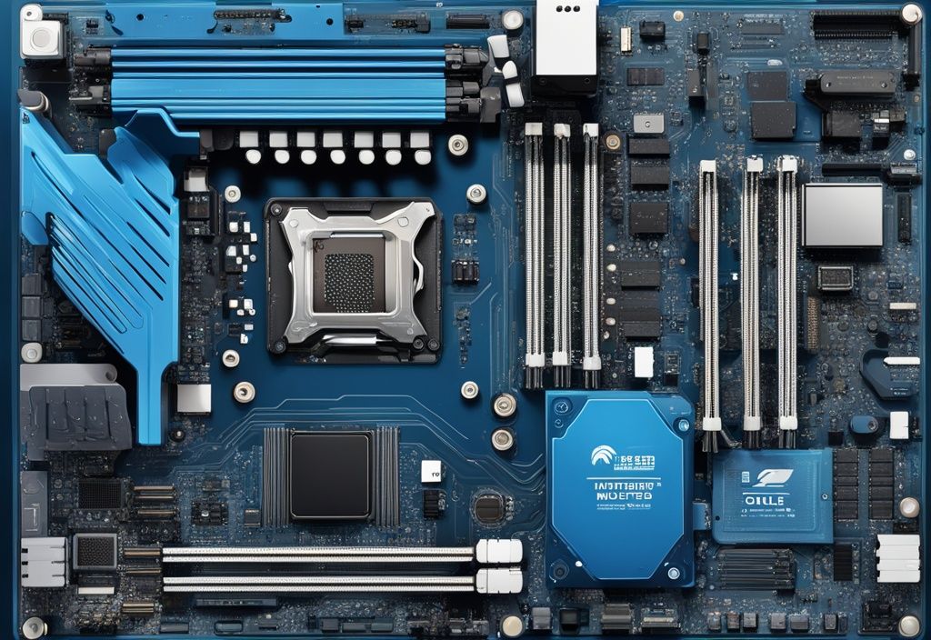 Moderne digitale Malerei eines Motherboards aus der Vogelperspektive, Hauptfarbe Blau, detailliert und beschriftet mit sichtbaren Komponenten wie CPU, RAM-Steckplätzen und Erweiterungssteckplätzen.