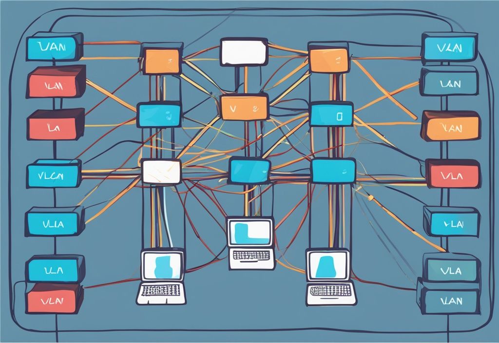 Moderne digitale Malerei, blaue Farbtöne, Draufsicht auf ein Netzwerkdiagramm mit farbigen Linien, VLAN-Setup, mehrere Geräte und Verbindungen.