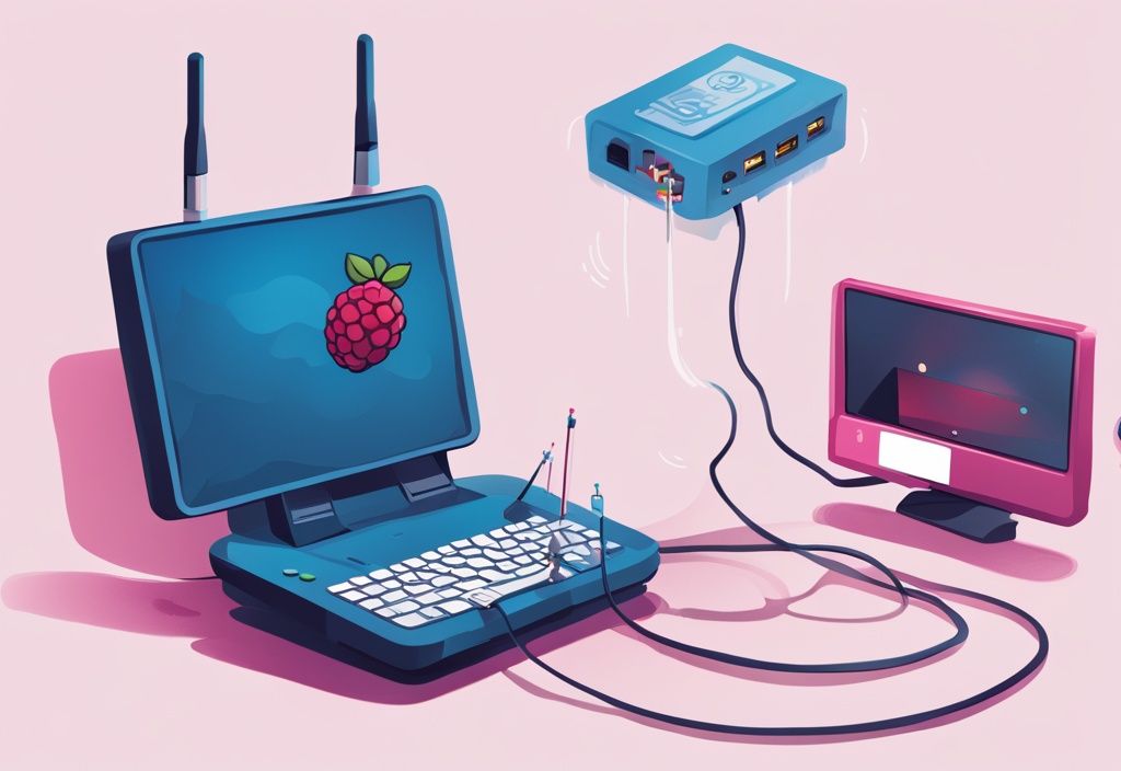 Moderne digitale Illustration in Blautönen, zeigt ein Raspberry Pi Gerät mit Antenne als WLAN-Zugangspunkt, mit Miniaturmenschen zur Größenveranschaulichung im Vergleich zu einem typischen Router.