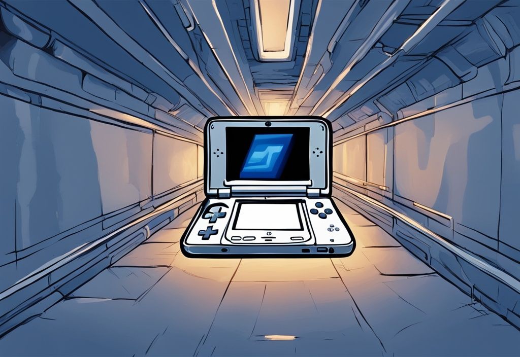 Moderne digitale Malerei mit blauem Farbschema, Nintendo DS Lite beleuchtet dunklen Tunnel und enthüllt versteckte Grafikdetails an den Wänden, ds lite tunnel.