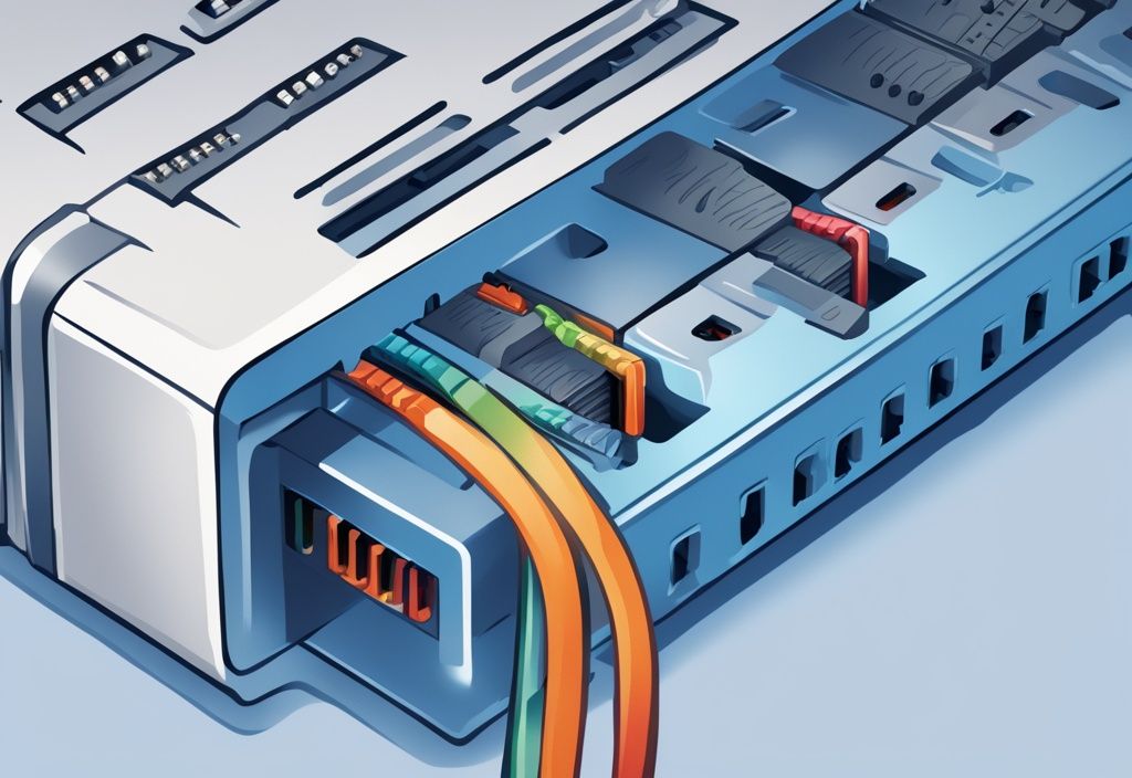 Nahaufnahme eines RJ45-Steckers mit klar gekennzeichneten Pins und Farbcodierung der Drähte, modernes digitales Gemälde, Hauptfarbthema Blau