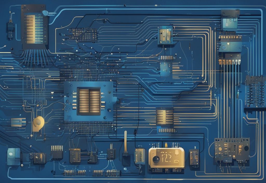 Moderne digitale Malerei mit blauer Farbgebung, zeigt elektronische Komponenten in einem Schaltkreis zur Veranschaulichung der Impedanz, mit sichtbaren Grafiken zur Beziehung zwischen Spannung, Strom und Impedanz.