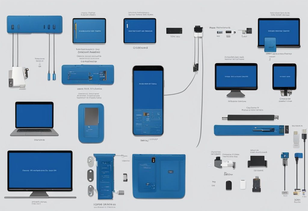 Moderne digitale Malerei-Illustration mit blauer Farbgebung, die eine umfassende visuelle Anleitung zum USB-C-Pinout mit beschreibenden Beschriftungen für jeden Pin zeigt.