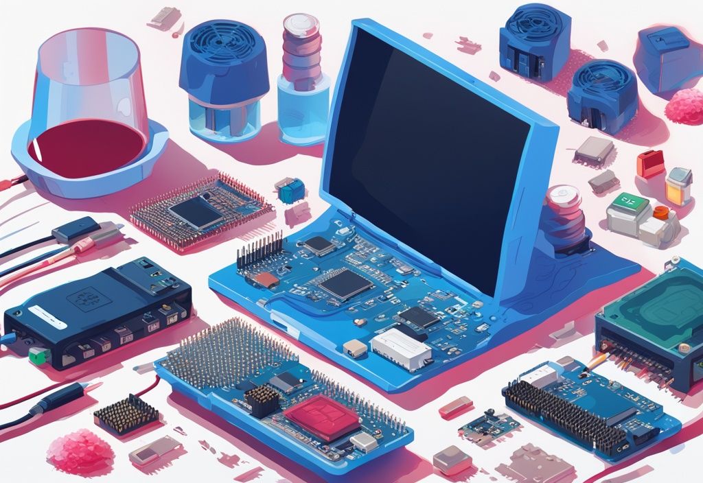 Moderne digitale Illustration mit blauem Farbschema, Raspberry Pi Pico Mikrocontroller im Mittelpunkt, umgeben von kleineren elektronischen Komponenten auf einem sauberen, gut beleuchteten Schreibtisch.