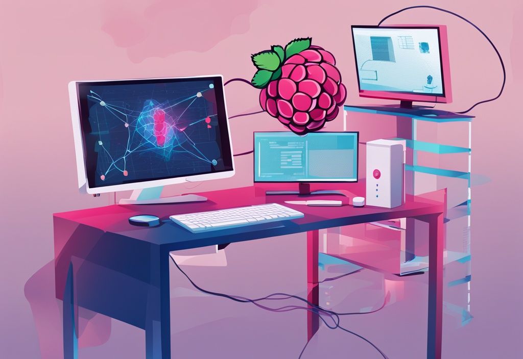 Moderne digitale Malerei mit blauem Farbschema, zeigt ein Raspberry Pi Gerät, das mit einem Netzwerk-Hub verbunden ist, sichtbare IP-Adresse und kleinere Grafiken zum Konzept einer statischen IP.