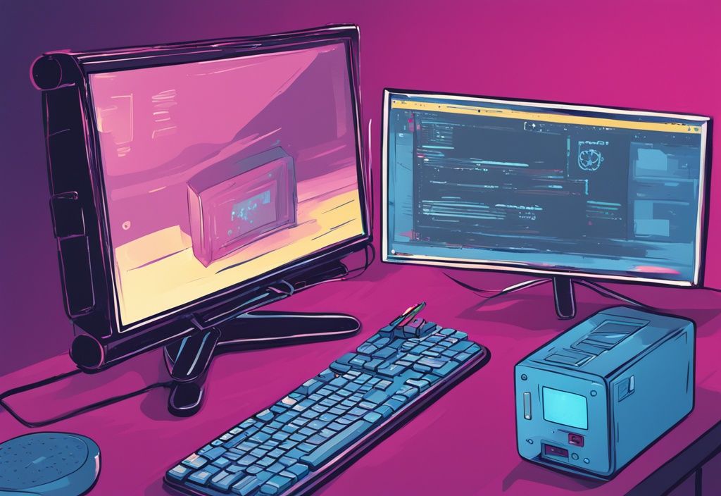 Digitale Illustration eines modernen Raspberry Pi Setups mit einem Monitor, der SSH-Aktivierungsbefehle anzeigt, Hauptfarbthema Blau.