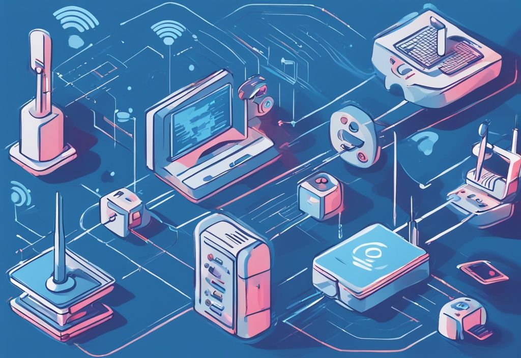 Moderne digitale Malerei mit blauem Farbschema, die Symbole verschiedener WLAN-Standards um einen zentralen Router zeigt.