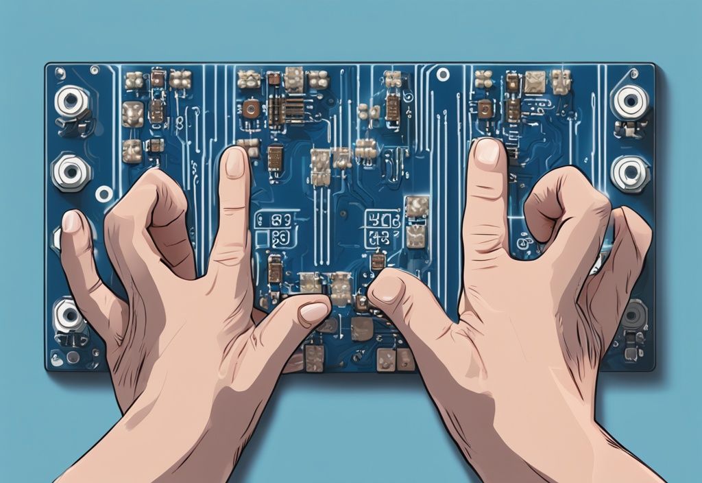 Nahaufnahme von Händen, die den NE555 Timer IC halten, ein beliebtes und häufig verwendetes Bauteil in verschiedenen elektronischen Schaltungen und Geräten, moderne digitale Malerei mit Blau als Hauptfarbe.