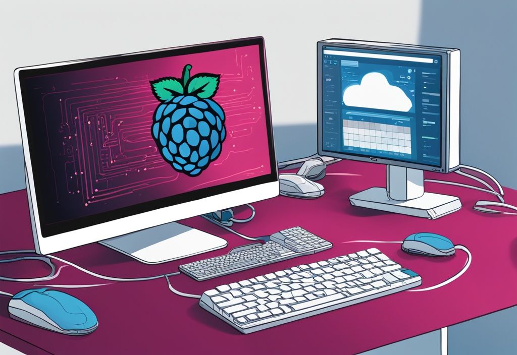 Moderne digitale Malerei mit blauem Farbschema, zeigt ein Raspberry Pi 4 Gerät neben einem Monitor mit angezeigtem Code, symbolisiert das raspberry pi 4 betriebssystem.