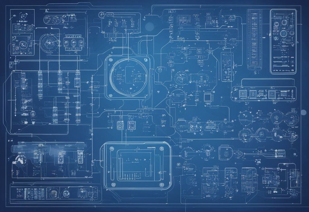 Moderne digitale Malerei mit blauem Farbschema, zeigt eine Sammlung von Schaltplan Symbolen, ordentlich angeordnet und beschriftet, vor einem technischen Blaupausen-Hintergrund.