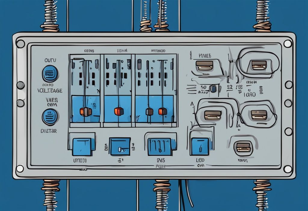 Moderne digitale Malerei-Illustration eines einfachen Spannungsteilers mit blauen Farbtönen, klarer Darstellung von Widerständen, Eingangs- und Ausgangsspannung