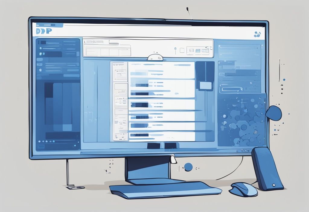 Moderne digitale Malerei mit vorwiegendem Blau, zeigt einen Computerbildschirm mit xrdp-Oberfläche und hervorgehobenen Schaltflächen für Verbinden, Trennen und Optionen.