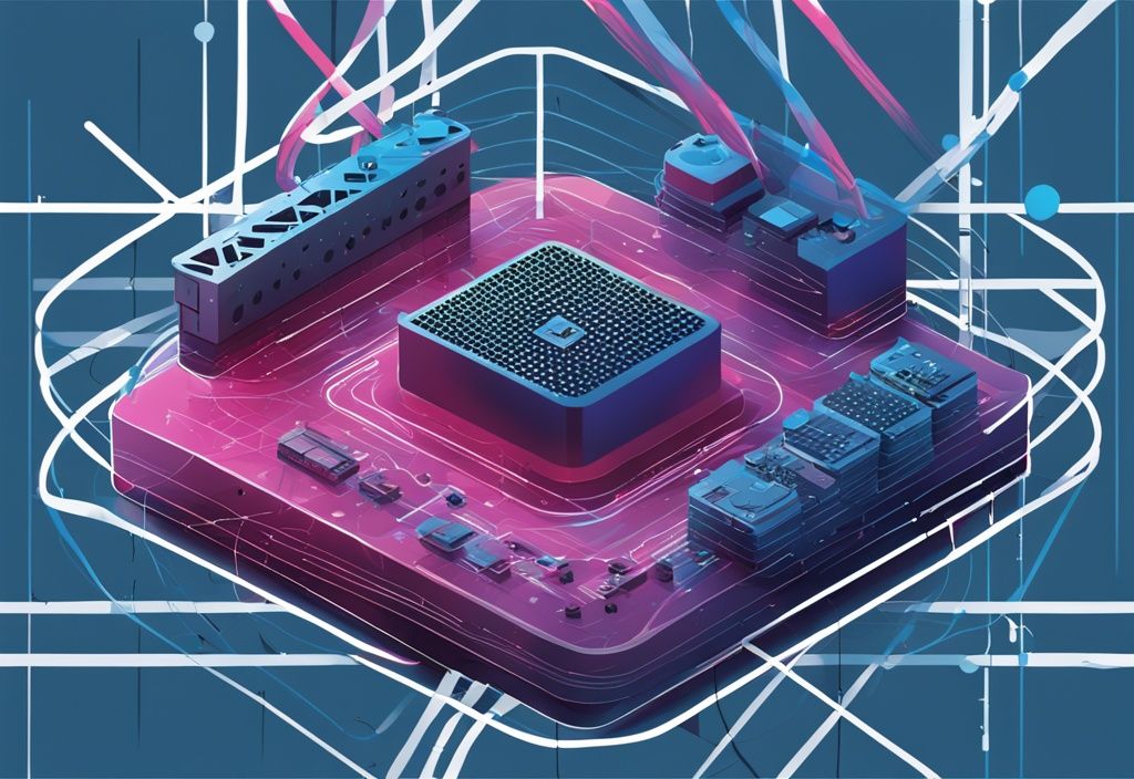 Moderne digitale Illustration mit blauem Farbschema, Raspberry Pi Gerät umgeben von Linien und Punkten, die ein Server- oder Netzwerk-Konzept darstellen.