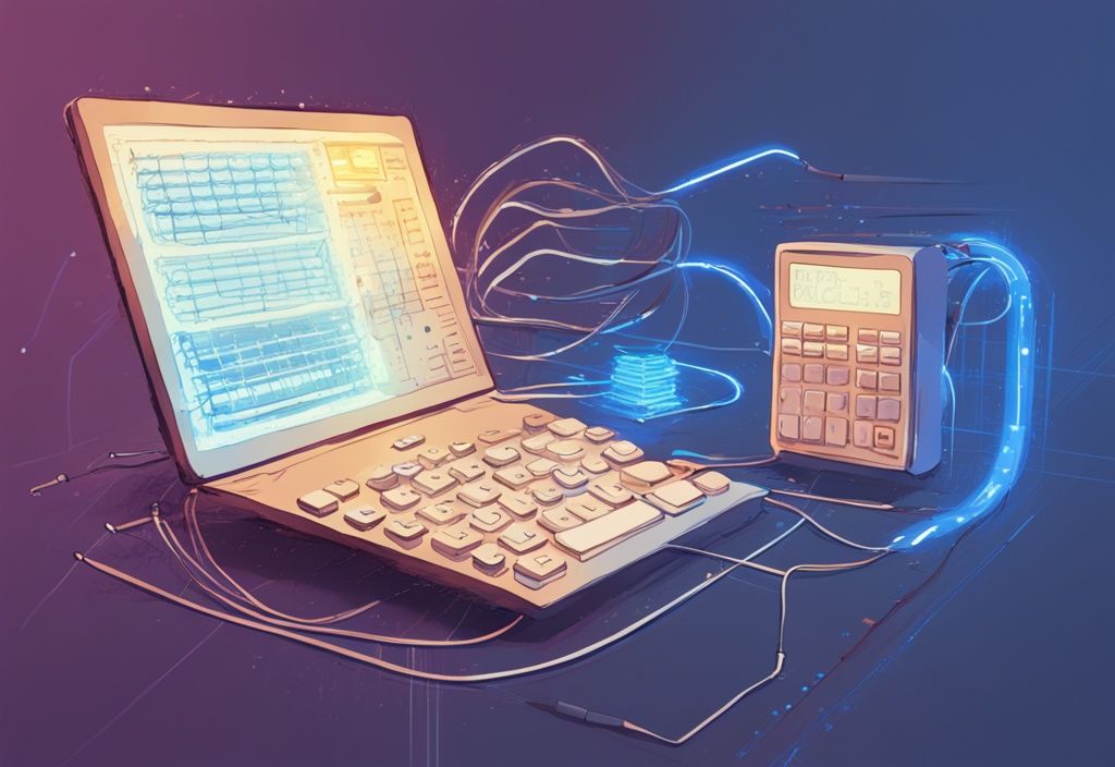 Moderne digitale Illustration mit blauem Farbschema, hell leuchtende LEDs mit überlagerten Linien zu jeweiligen Vorwiderständen, neben einem Taschenrechner mit einer Formel zur Berechnung des Vorwiderstands; led vorwiderstandsrechner.