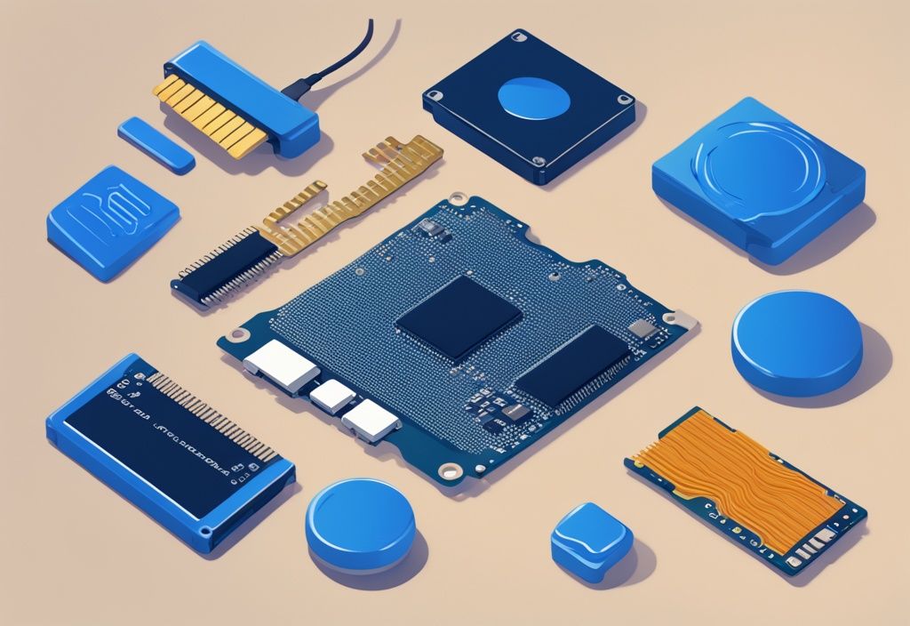 Moderne digitale Illustration eines geöffneten SSDs mit NAND-Flash-Speicherchips, Controller und Cache, die die SSD Funktionsweise darstellen.