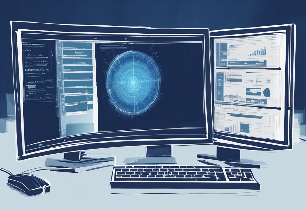 Digitale Illustration eines modernen blauen Designs mit Nmap-Software und laufendem Port-Scan auf einem Computerbildschirm