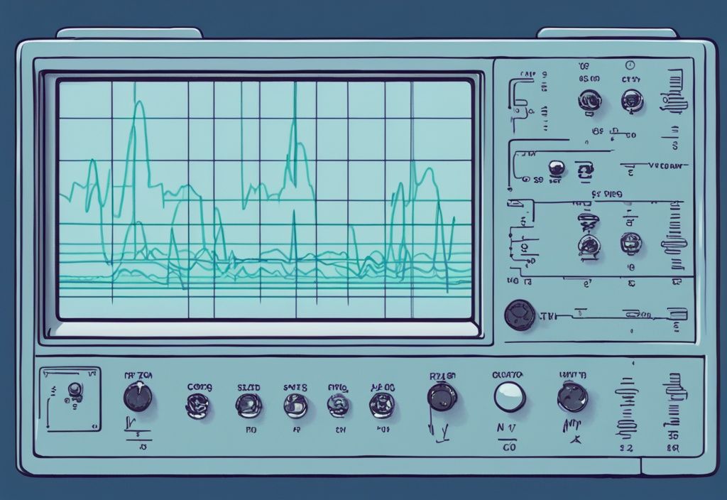 Moderne digitale Malerei mit blauem Farbschema, Oszilloskopbildschirm zeigt Wellenmuster einer RMS-Wechselspannung mit beschrifteten Spitzen- und RMS-Spannungswerten.