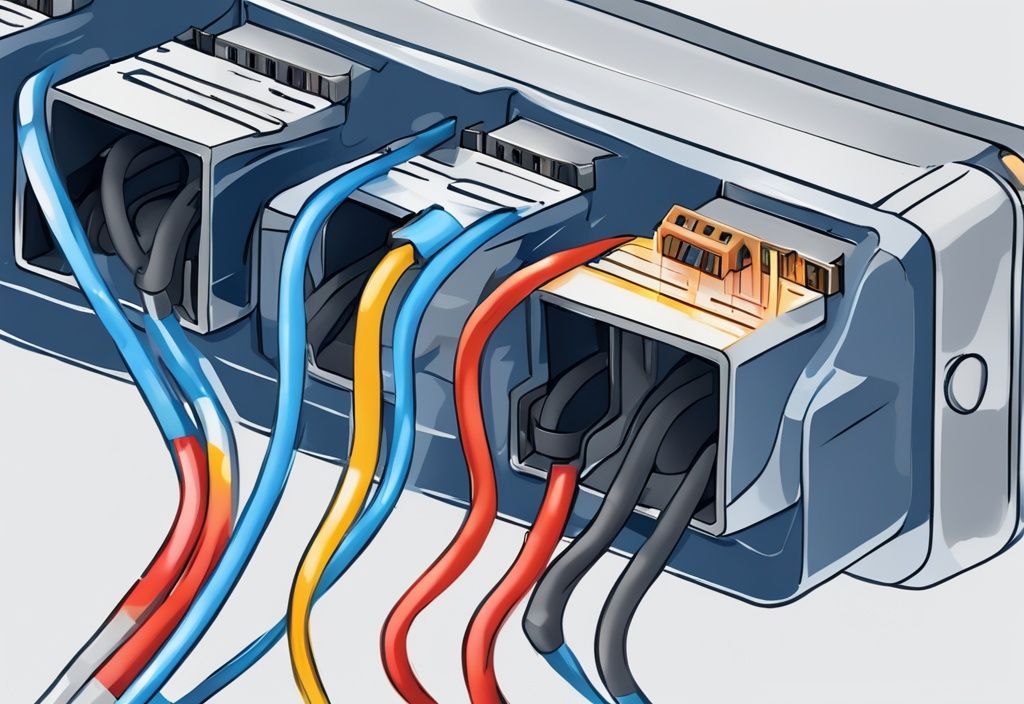 Nahaufnahme eines RJ45-Steckers mit klar gekennzeichneten Pins und Farbcodierung der Drähte, moderne digitale Illustration, Blau als Hauptfarbe