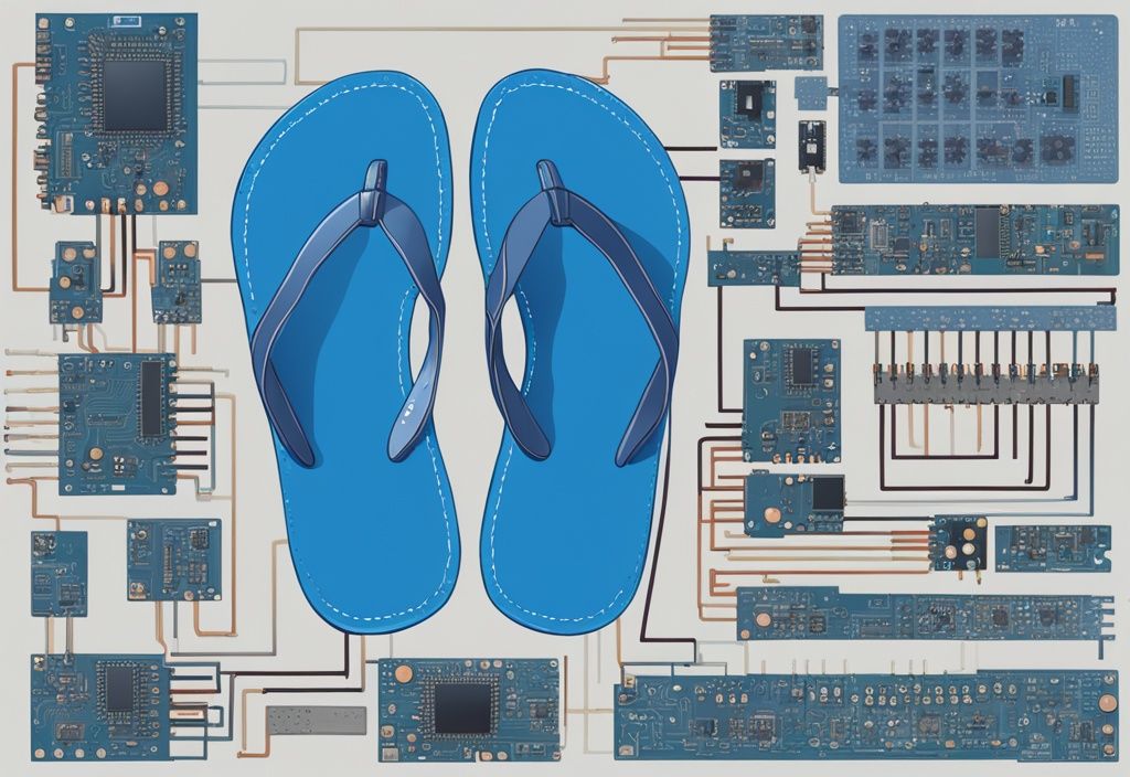 Moderne digitale Malerei mit blauem Farbschema, zeigt detailliertes Schaltbild einer RS-Flip-Flop-Schaltung mit allen Komponenten und Verbindungen.