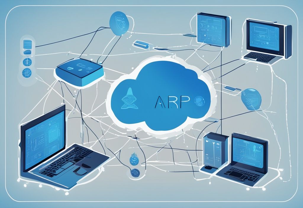 Moderne digitale Malerei mit blauem Farbschema, zeigt Netzwerkdiagramm und Kommunikation zwischen verschiedenen Geräten über das ARP-Protokoll.