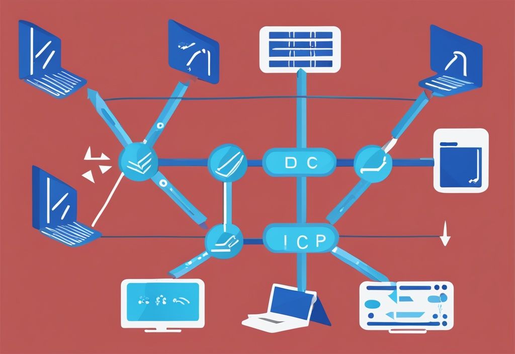 Modernes digitales Gemälde einer Netzwerktopologie mit blauen Farbtönen, zeigt den Weg einer DHCP-Anfrage und -Antwort mit beschrifteten Geräten und Pfeilen.