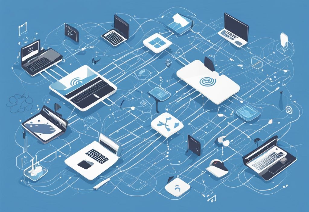 Moderne digitale Malerei mit blauer Farbthematik, die verschiedene WLAN-Standards in einem visuell ansprechenden Netzwerk darstellt.