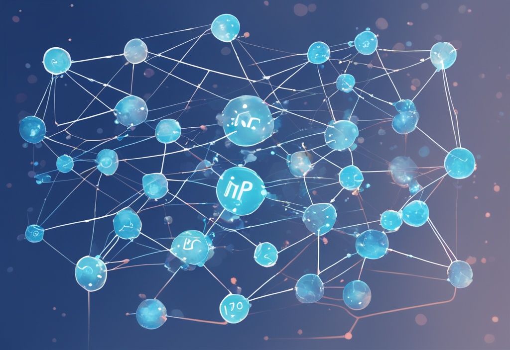 Moderne digitale Malerei mit blauem Farbschema, die vernetzte Knoten im Cyberspace zeigt, wobei einige Knoten als 'DNS' und 'IP-Adresse' gekennzeichnet sind.