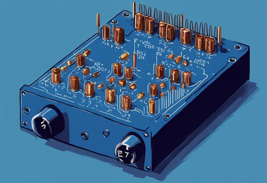 Moderne digitale Illustration eines Spannungsteilers mit blauen Farbtönen, zeigt klar Widerstände, Eingangs- und Ausgangsspannung.